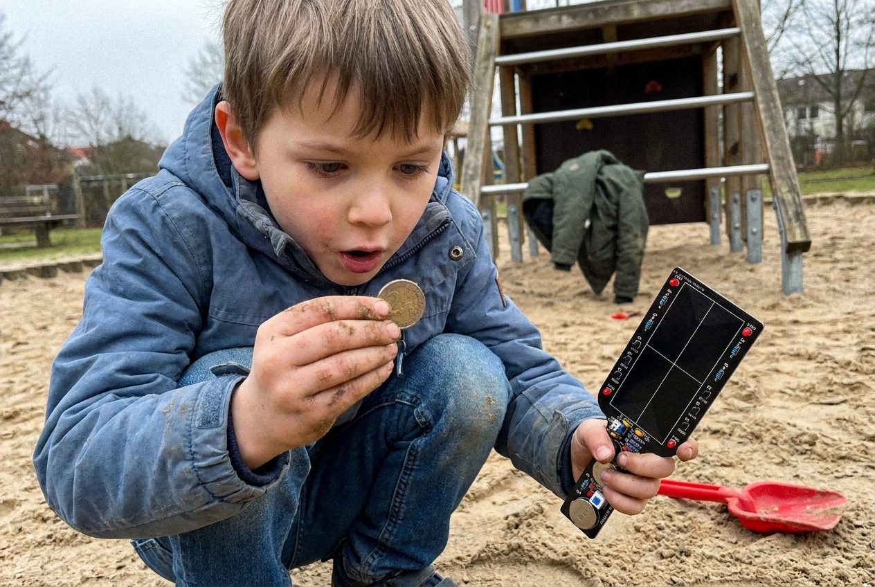 SchatzScout in Aktion – Junge findet eine 2-Euro-Münze im Sandkasten